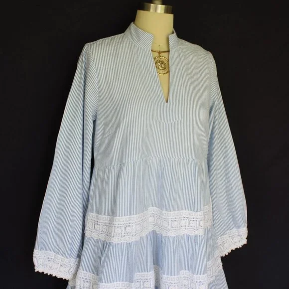 Sail to sable charlotte dress blue stripe Seersucker crochet lace tiered tunic - Picture 5 of 10